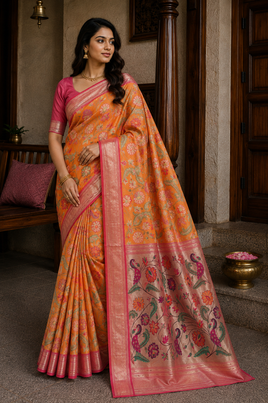 Burnt Orange Floral Brocade Paithani