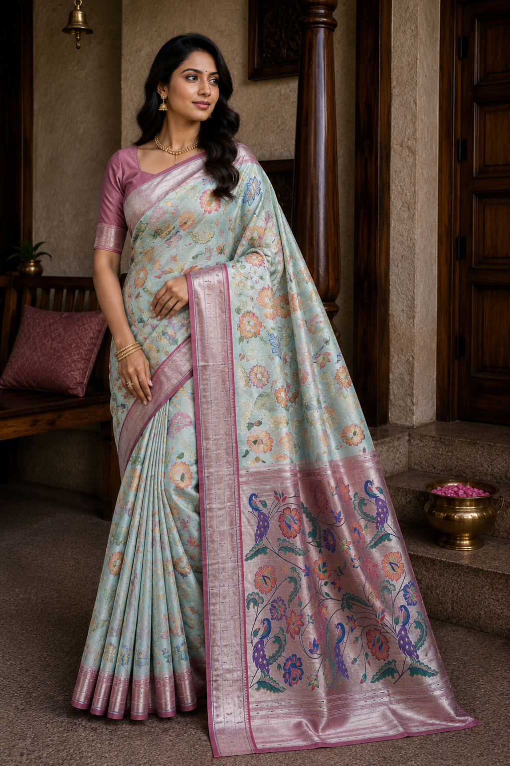 Aqua Green Floral Brocade Paithani