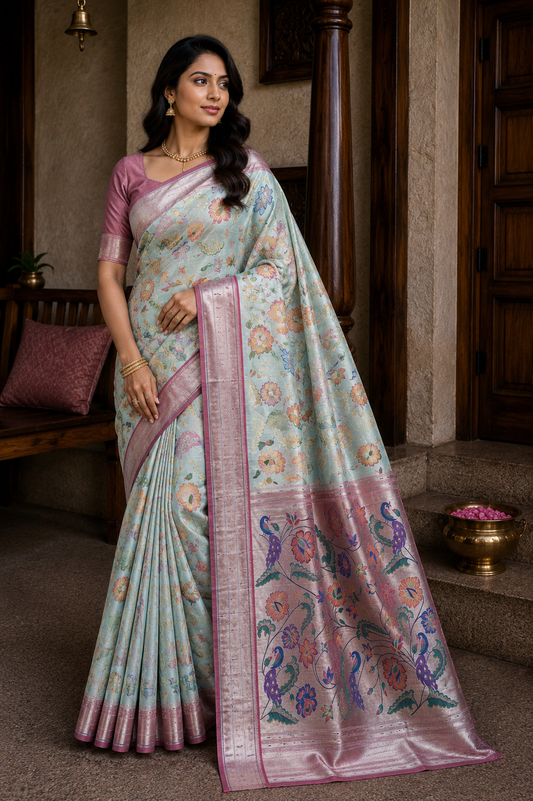 Aqua Green Floral Brocade Paithani