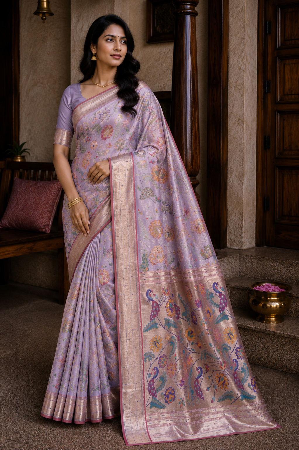 Lilac Floral Brocade Paithani