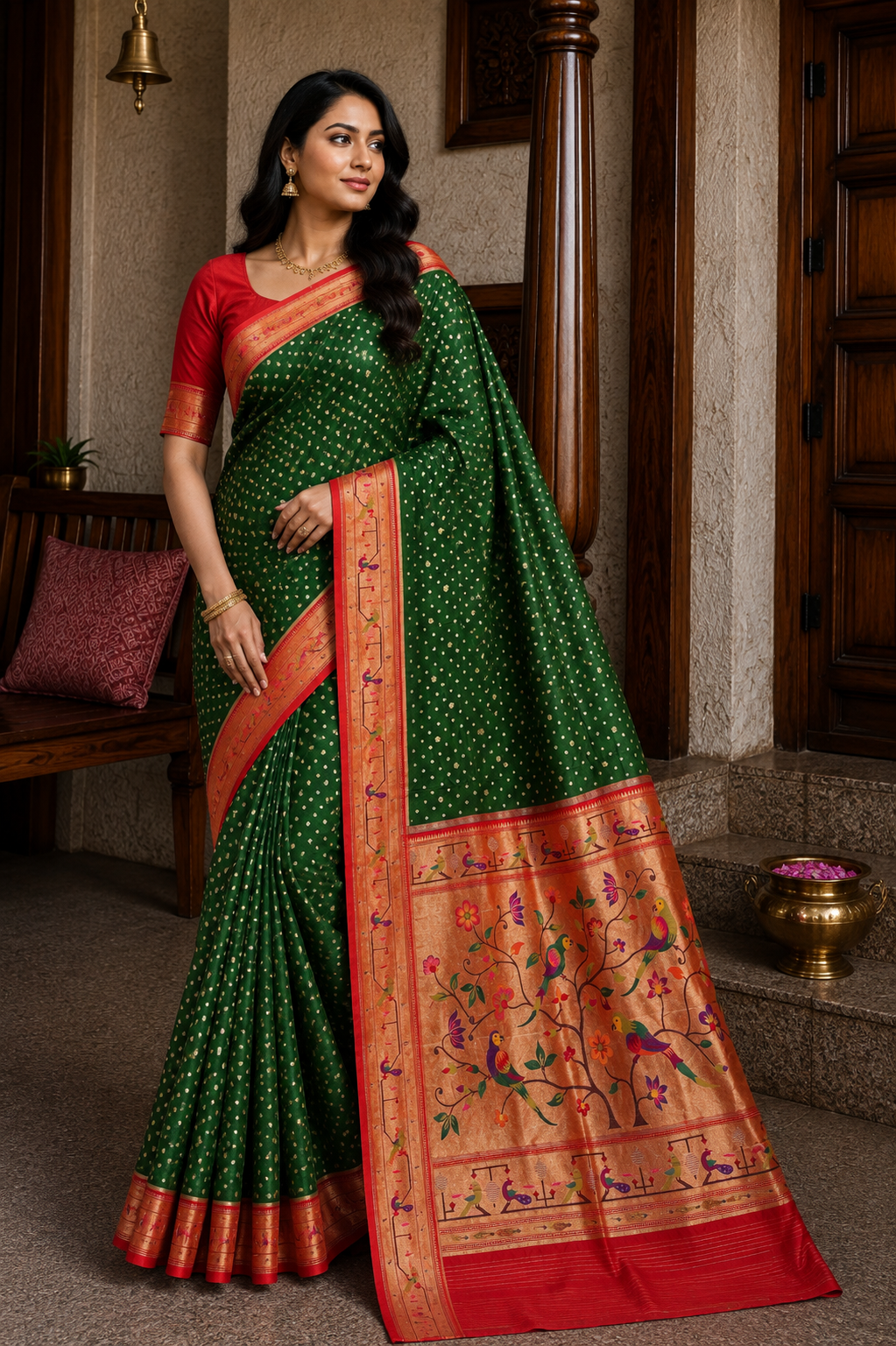 Hirva Green Royal Bandhej Paithani