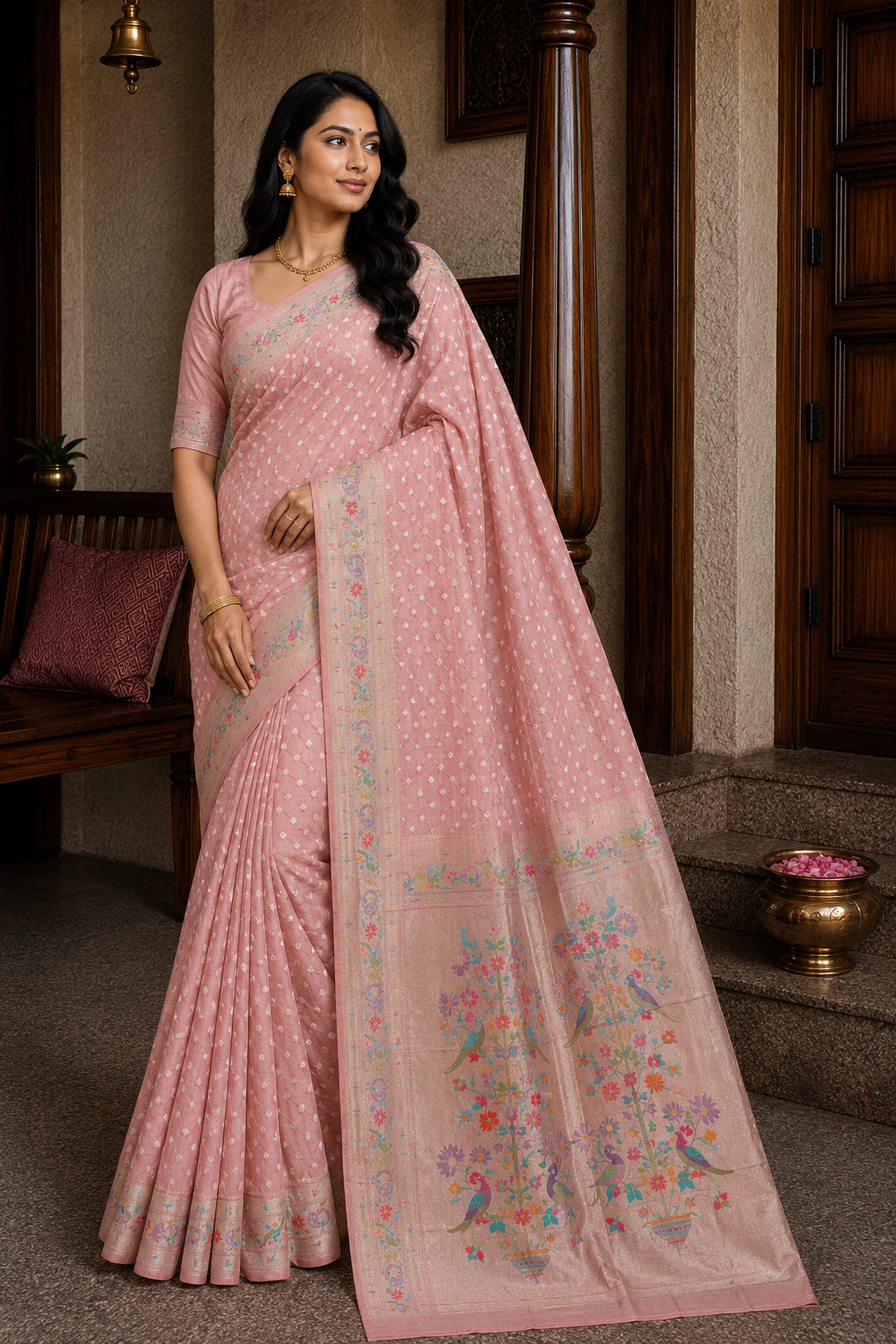 Blush Rose Pink Bandhej Paithani