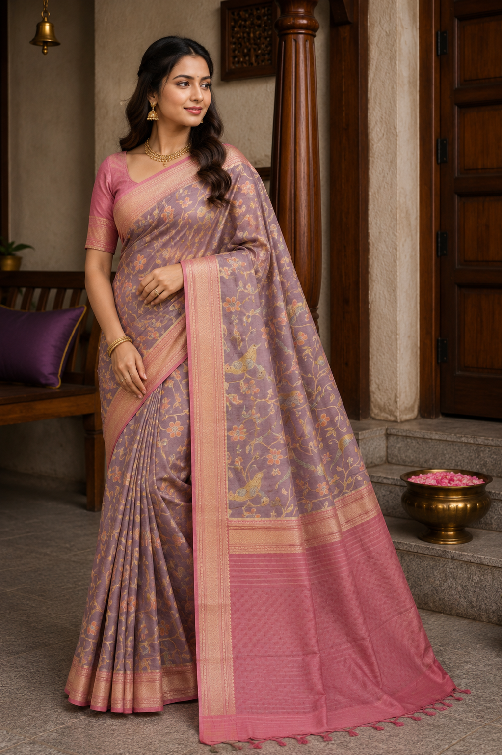 Lavender and Rose Pink Parrot Brocade Paithani