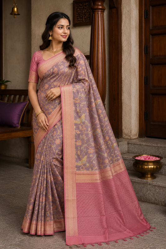 Lavender and Rose Pink Parrot Brocade Paithani
