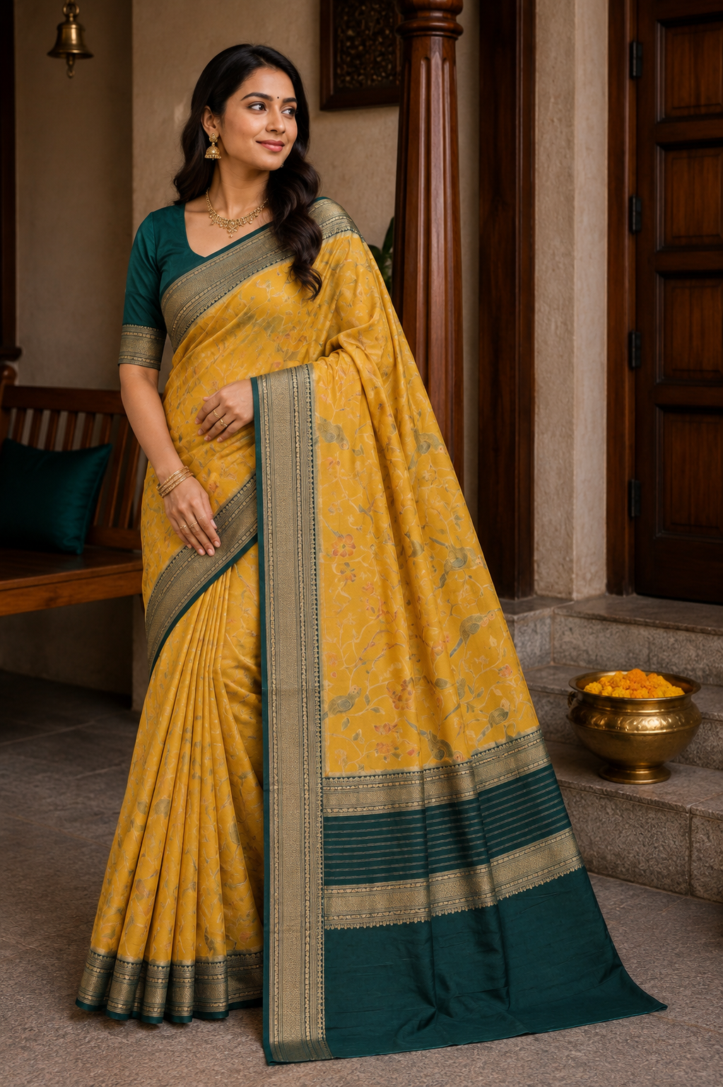 Mustard and Bottle Green Parrot Brocade Paithani