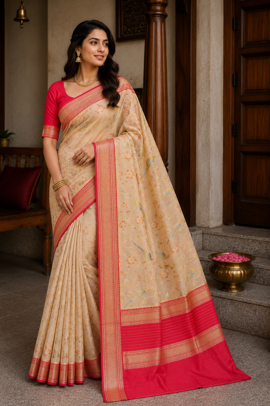 Champagne Gold and Rani Parrot Brocade Paithani