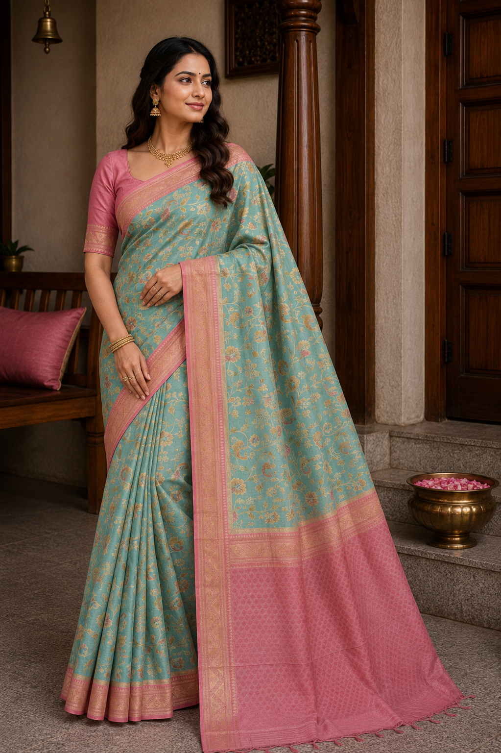 Aqua and Rose Pink Peacock Brocade Paithani