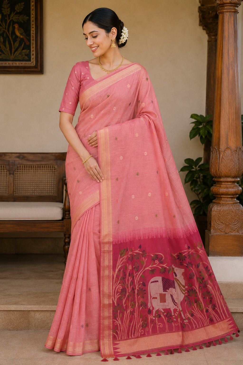 Blush Pink Munga Cotton Paithani
