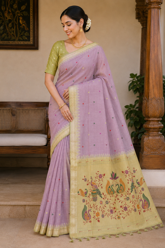 Lavender Mist  Munga Cotton Paithani