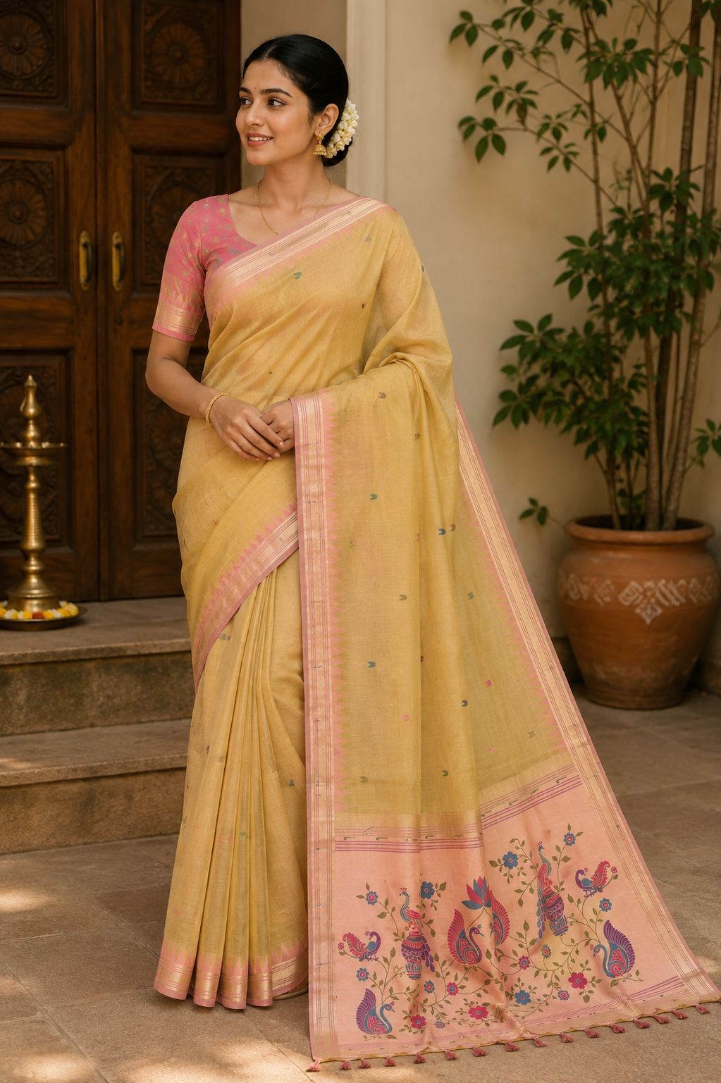 Haldi Yellow Munga Cotton Paithani
