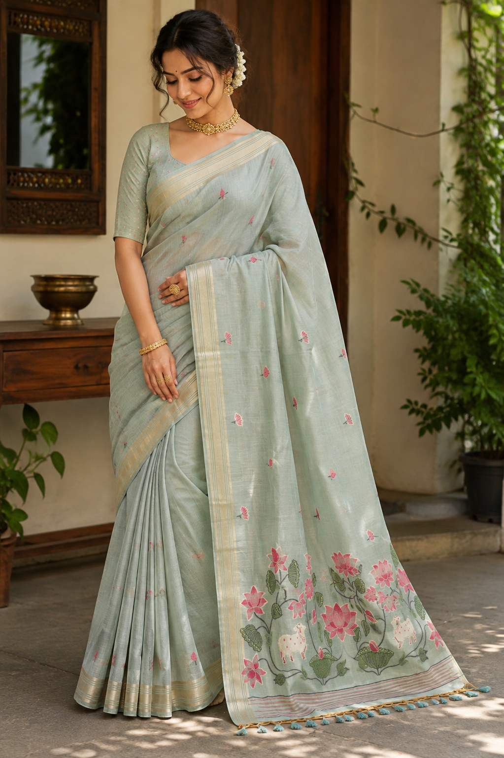Pastel Mint Green Tissue Linen Paithani