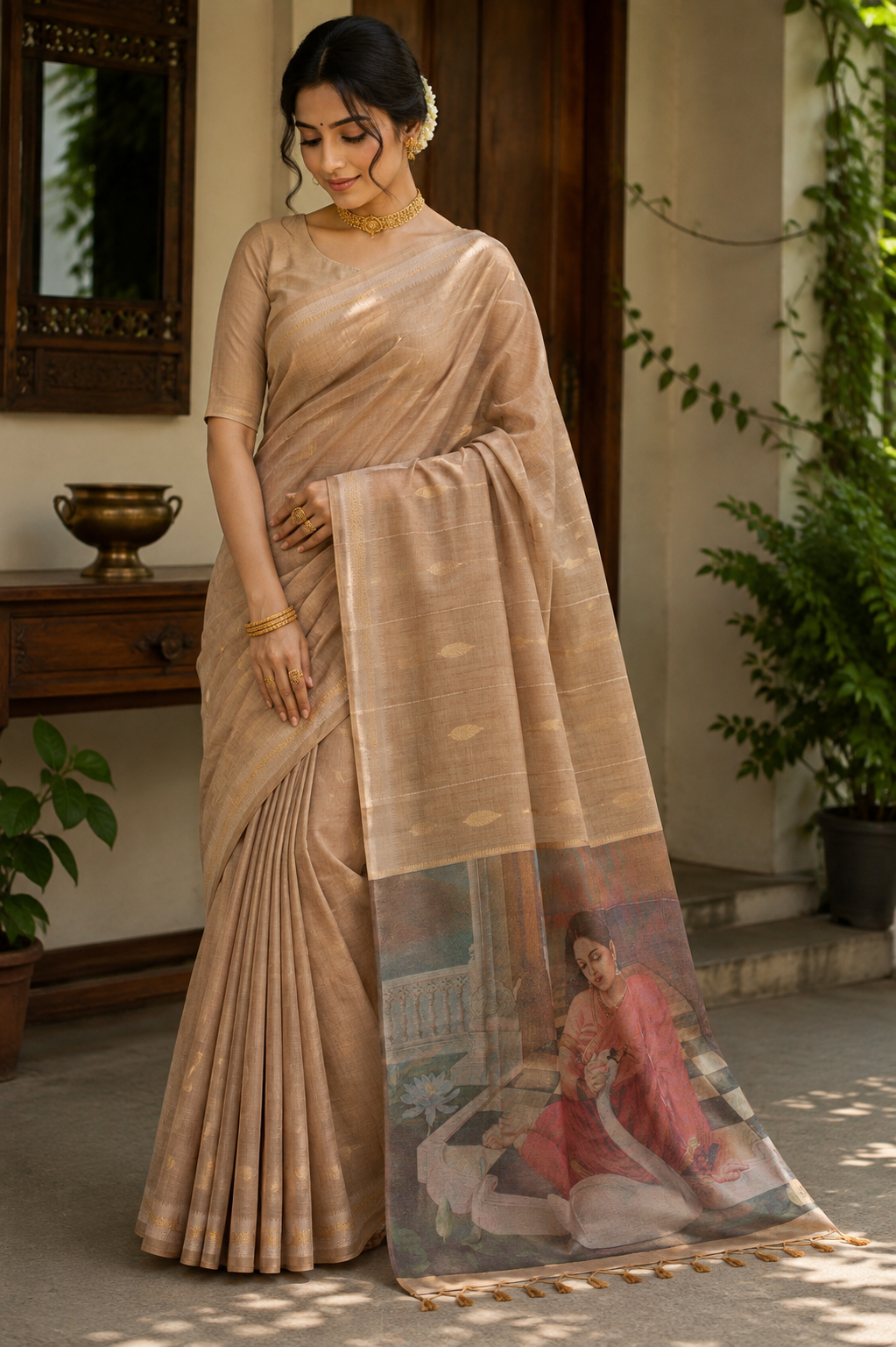 Earthy Caramel Art Tussar Linen