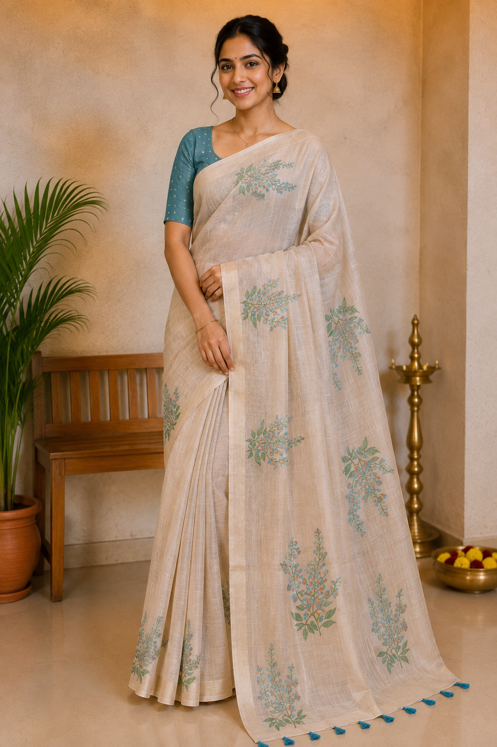 Ivory Sky Blue Muga Cotton Silk