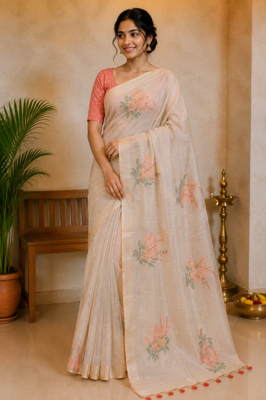 Ivory Peach Muga Cotton Silk
