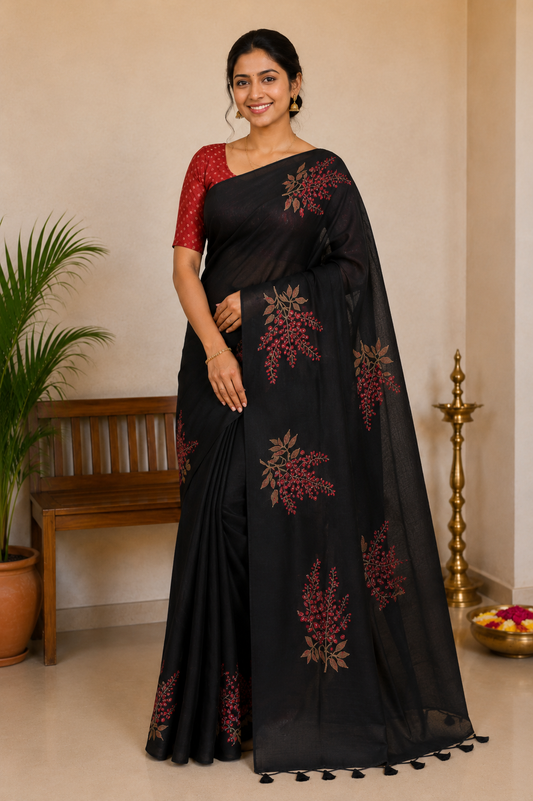 Black Maroon Muga Cotton Silk