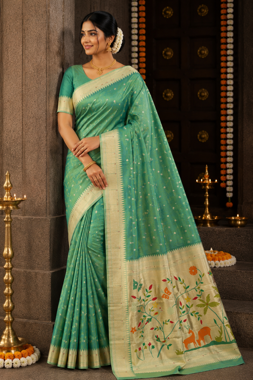 Emerald Teal Chanderi Paithani