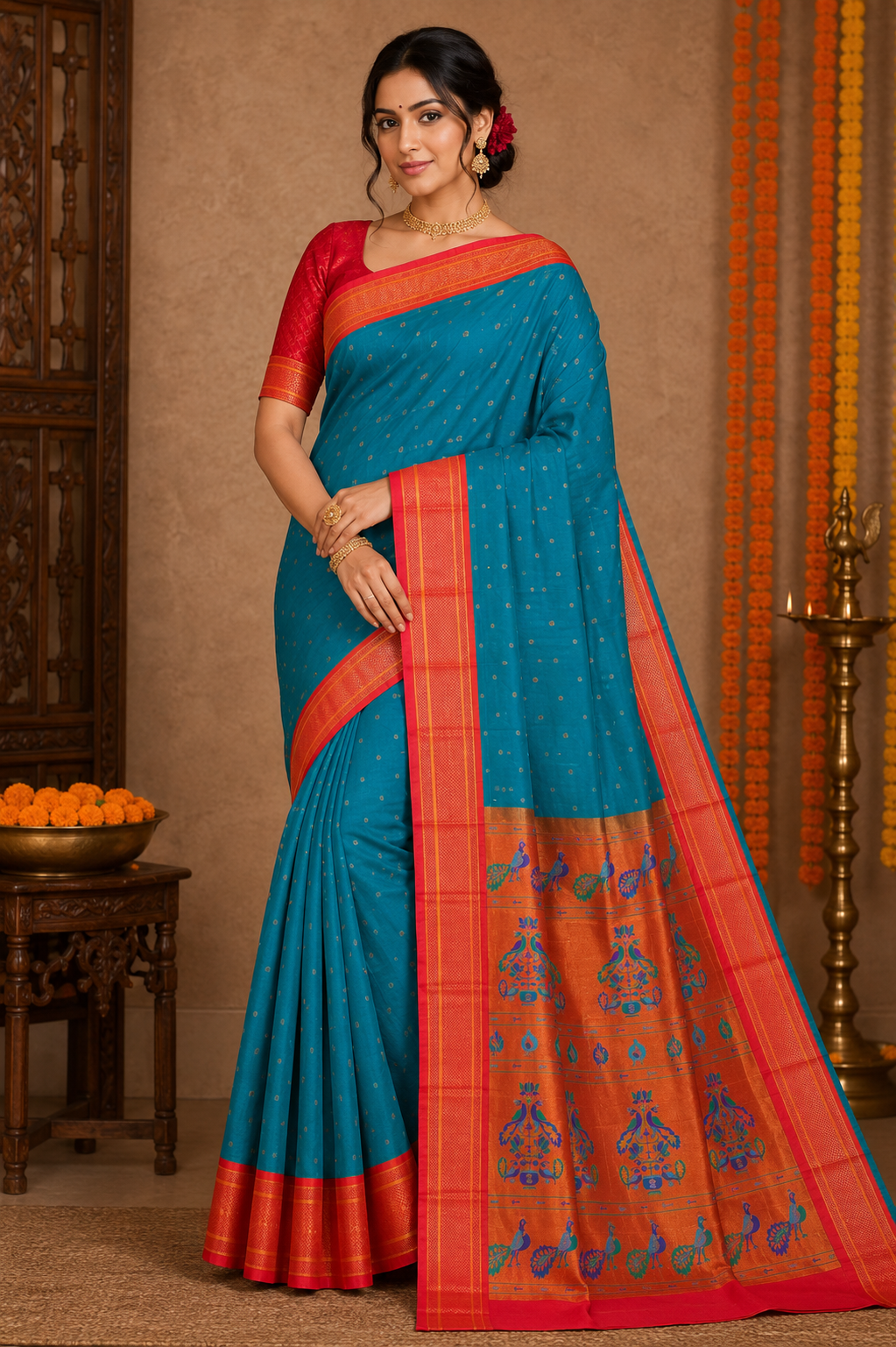 Cobalt Blue Kalanji Contrast Border Paithani