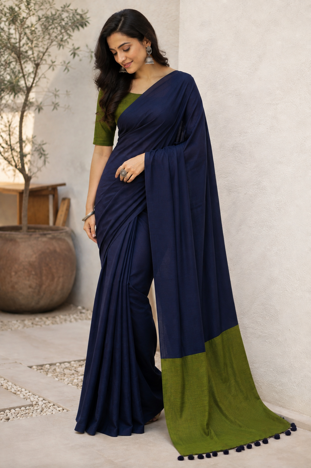 Blue and Green Cotton Acrylic Saree