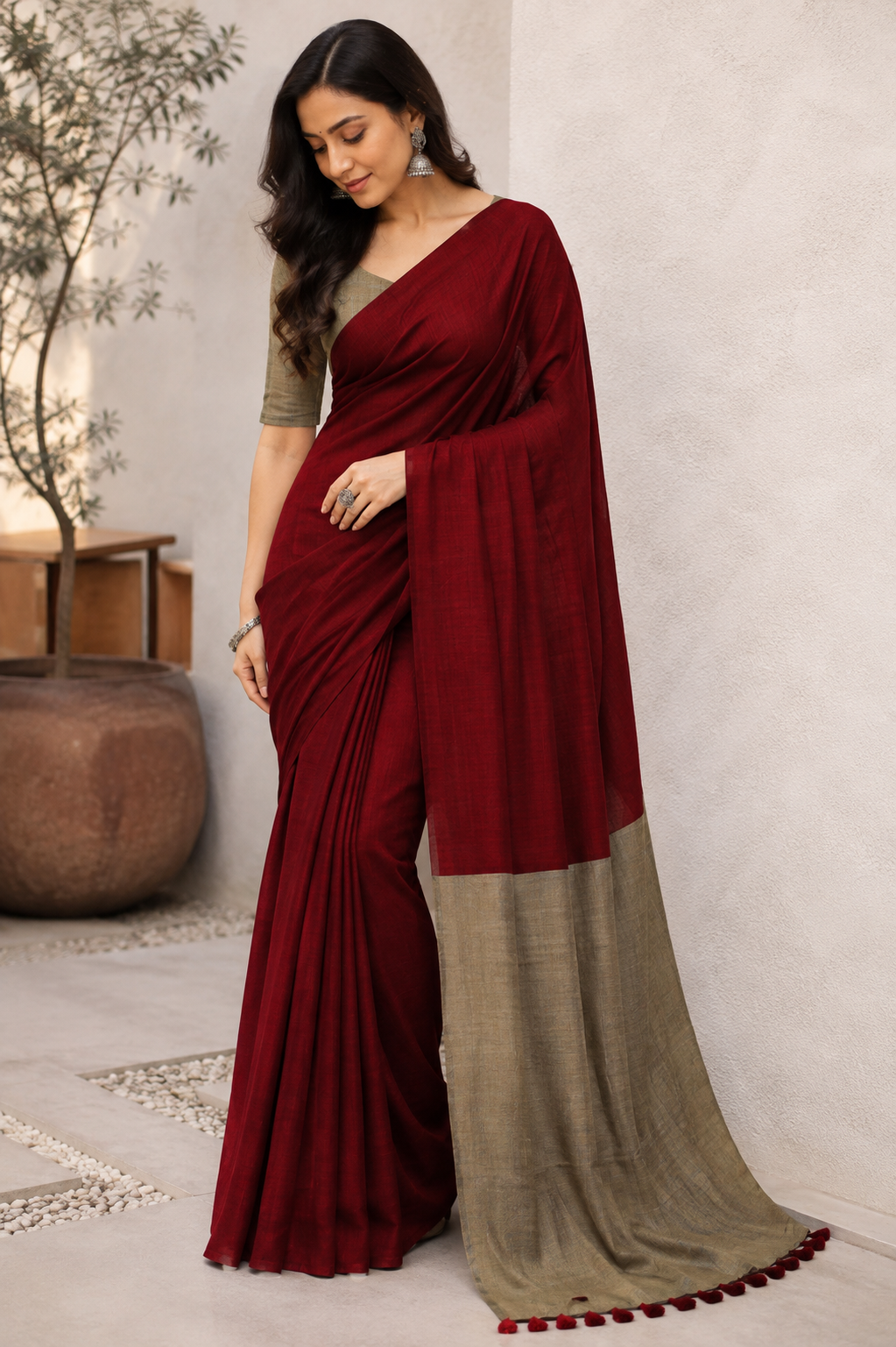 Maroon and Grey Cotton Acrylic Saree