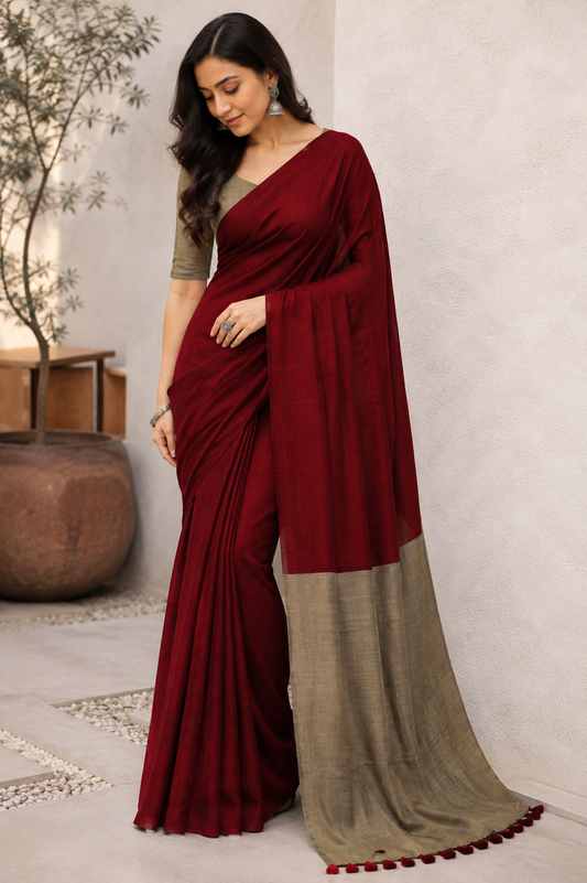 Maroon and Grey Cotton Acrylic Saree