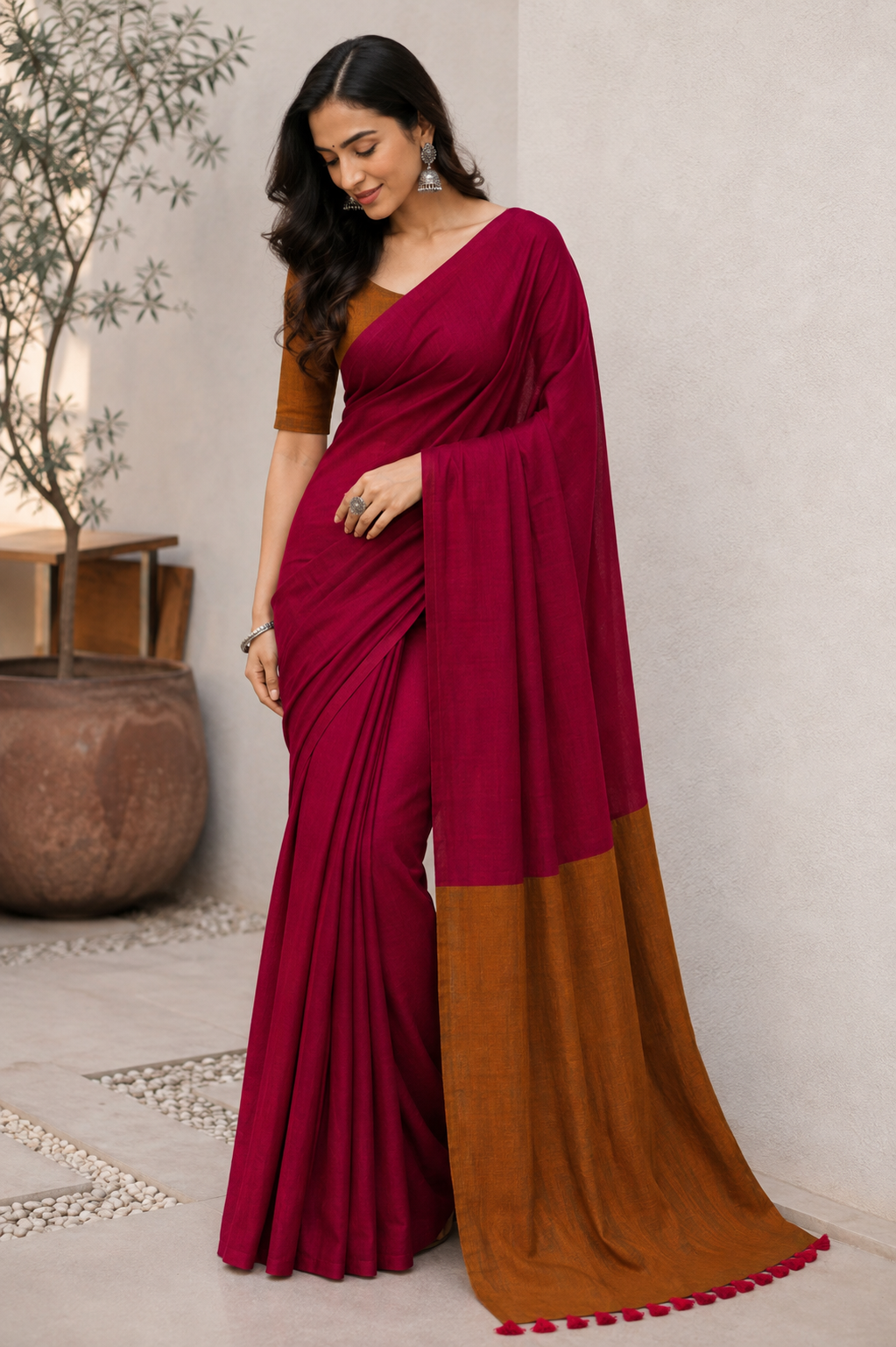 Rani Pink and Gold Cotton Acrylic Saree