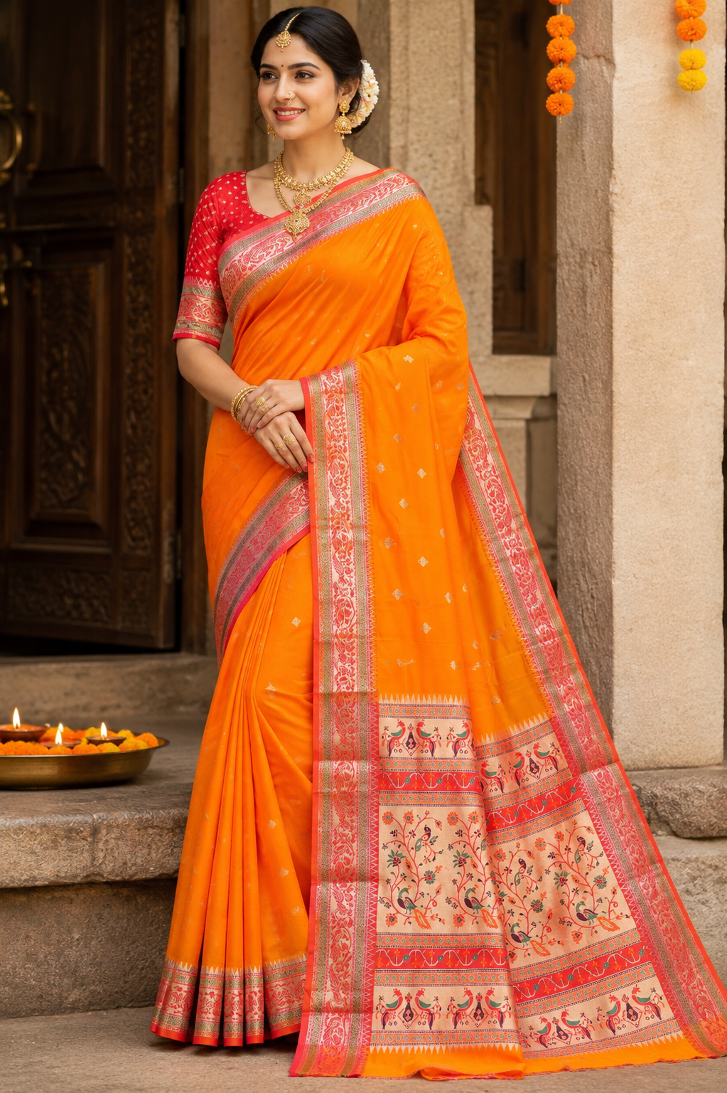 Kesari Orange Silk Blend Paithani