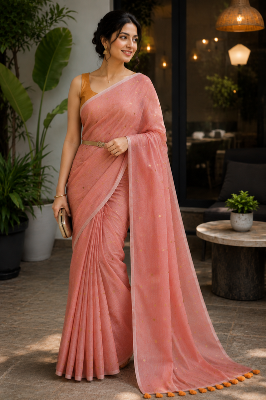 Orange Peach Mulmul Cotton Sequin Saree with Tassels