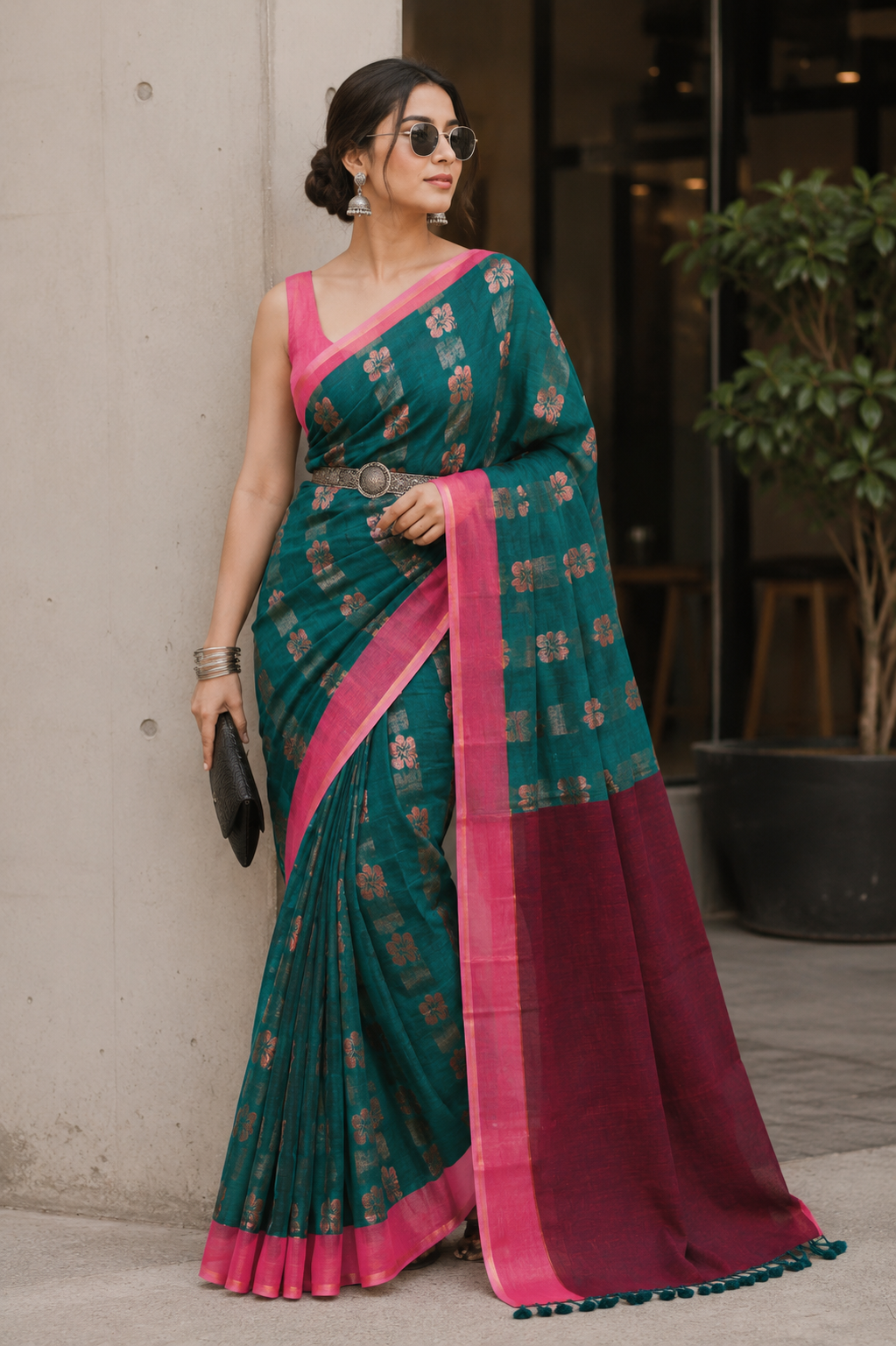 Peacock Green Mulmul Saree with Floral Zari Butti and Border