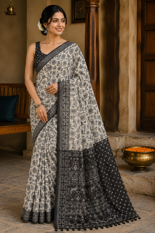 Black & White Cotton Georgette Saree