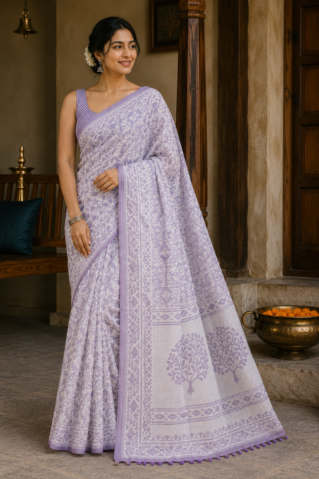 White and Lavender Cotton Georgette Saree