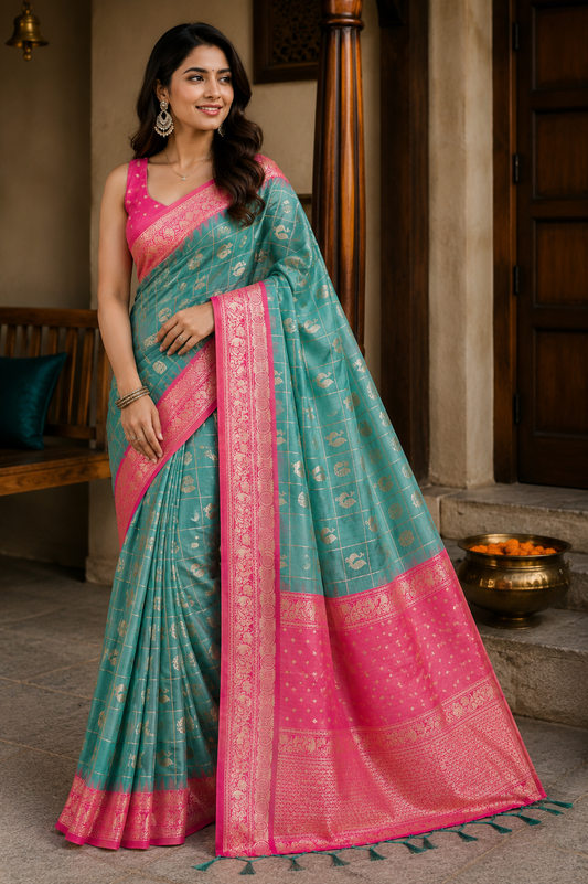 Aqua & Pink Zari Check Saree