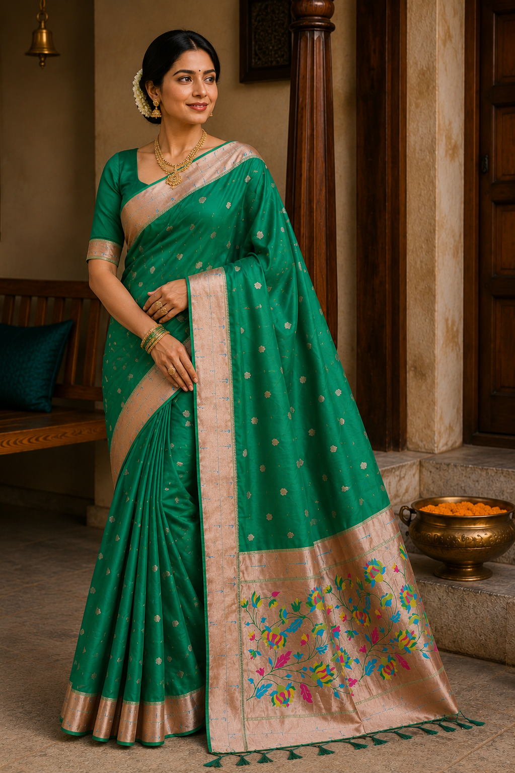 Emerald Green Tripple Muniya Border Saree