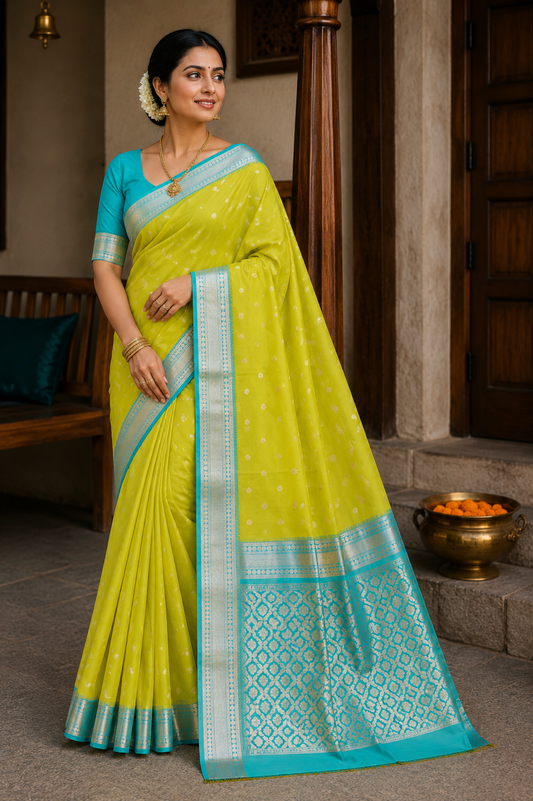 Lemon Yellow & Turquoise Blue Contrast Narayanpeth Saree