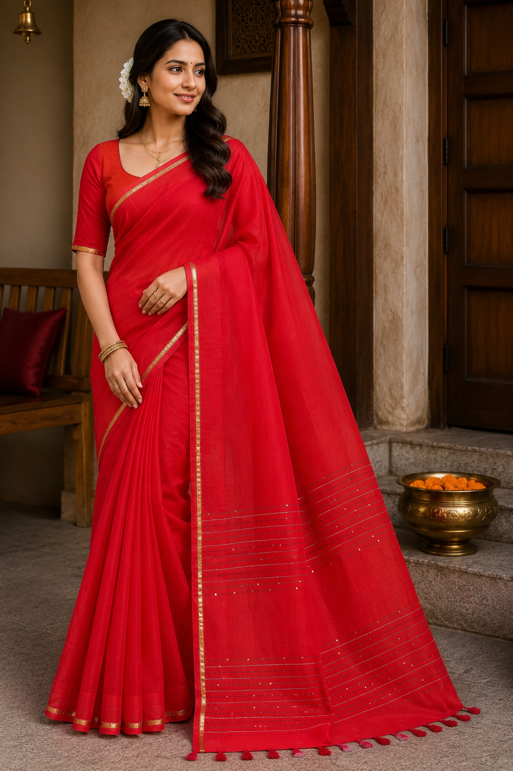 Red Mulmul Cotton Kantha Saree