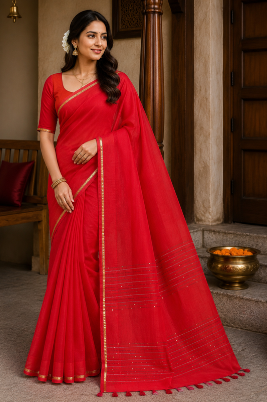Red Mulmul Cotton Kantha Saree