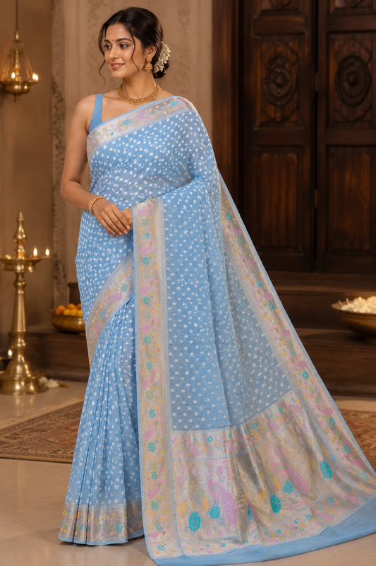 Powder Blue Georgette Paithani