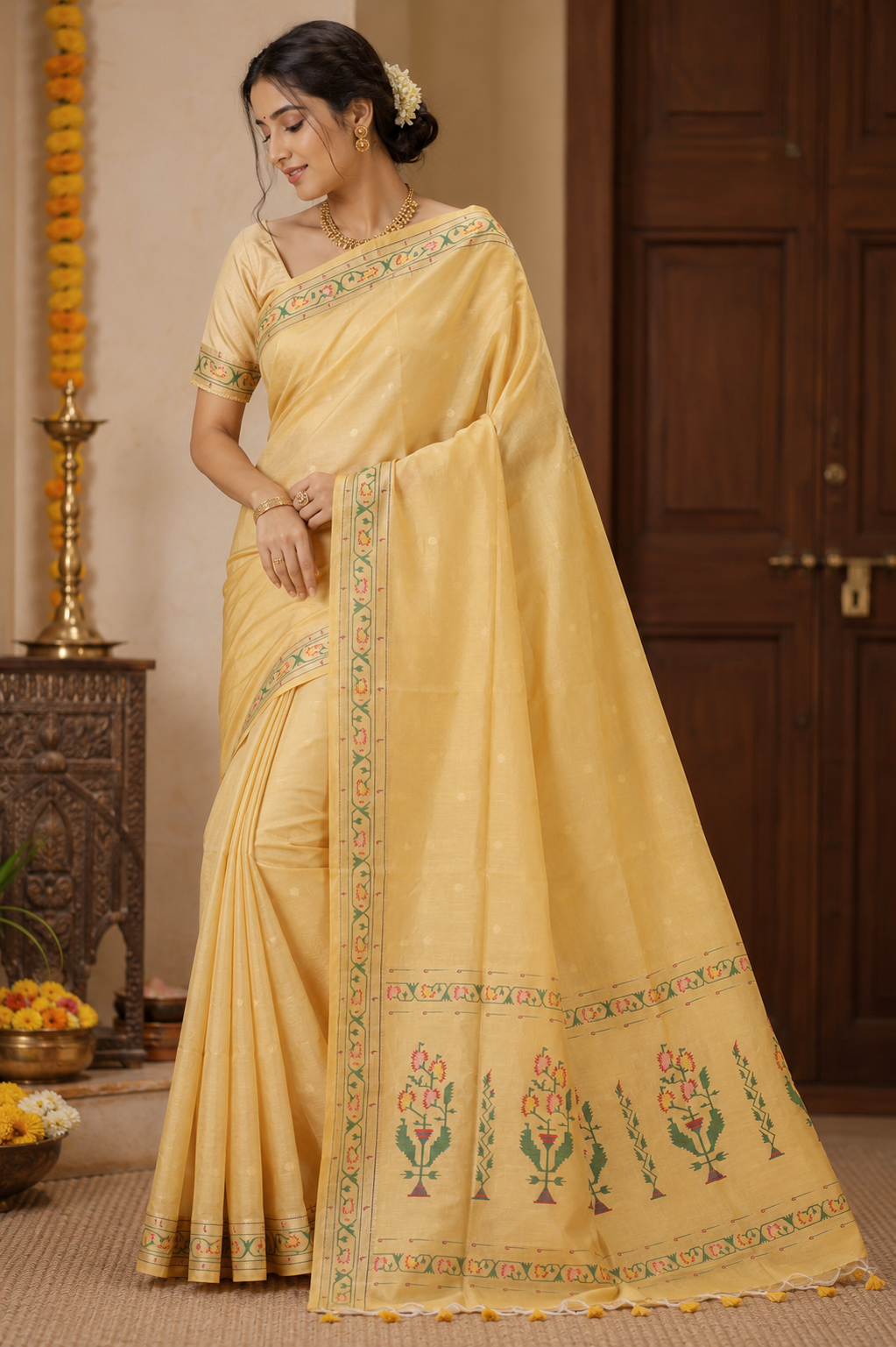 Haldi Gold Tussar Silk Blend Paithani