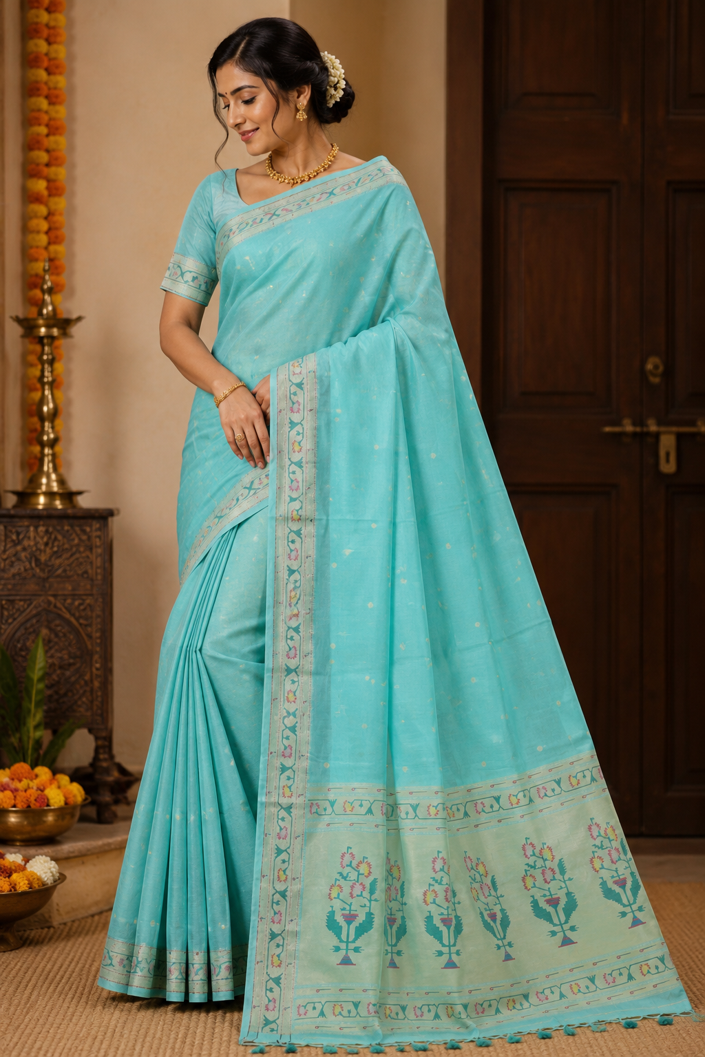 Aqua Mint Tussar Silk Blend Paithani