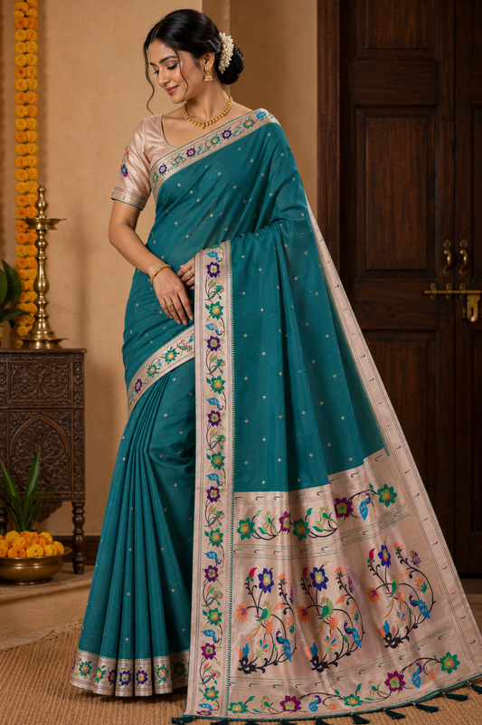 Teal Peacock Border Paithani