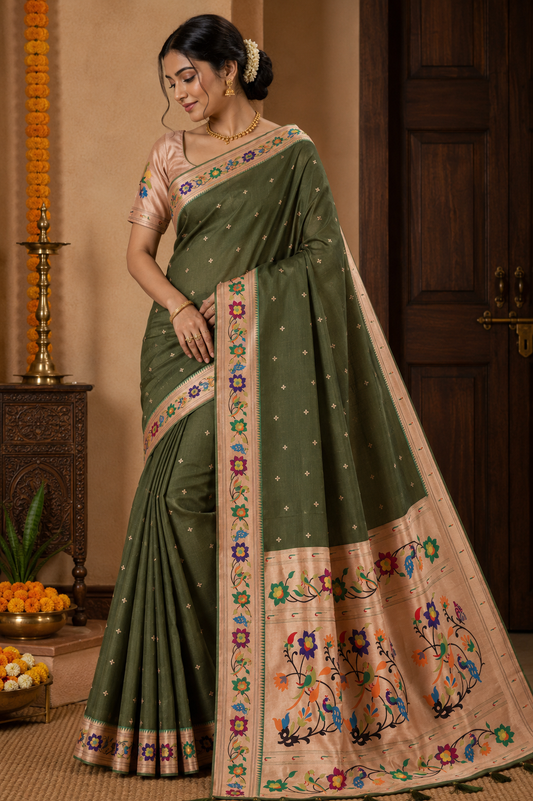 Olive Peacock Border Paithani