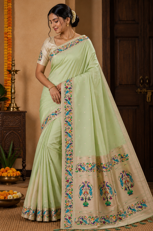 Pista Peacock Border Paithani