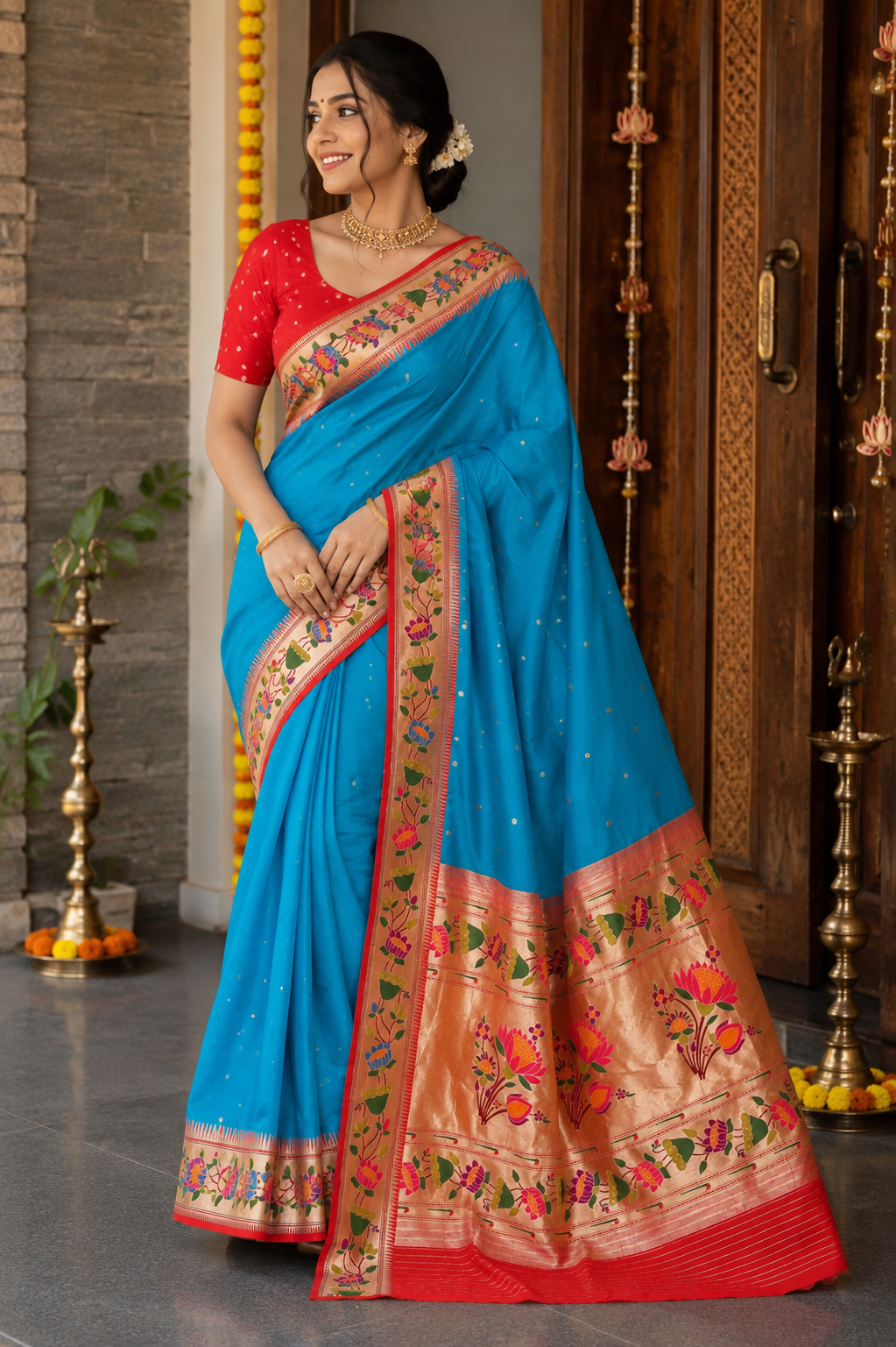 Ocean Blue Lotus Border Paithani