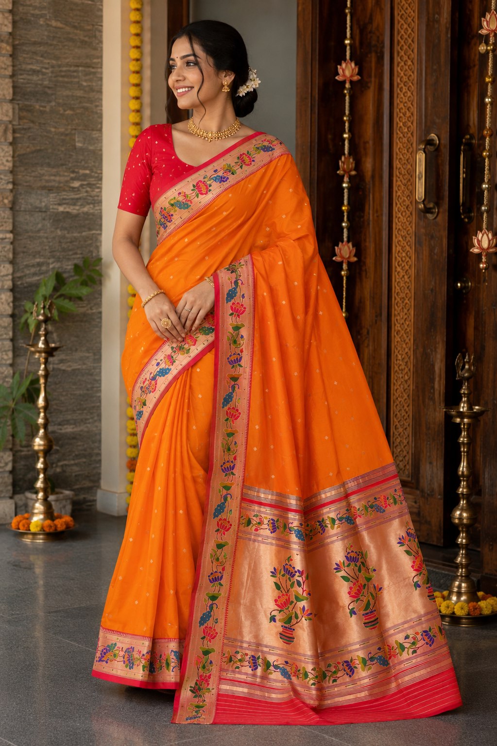 Kesari Orange Lotus Border Paithani
