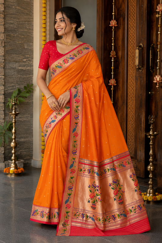 Kesari Orange Lotus Border Paithani