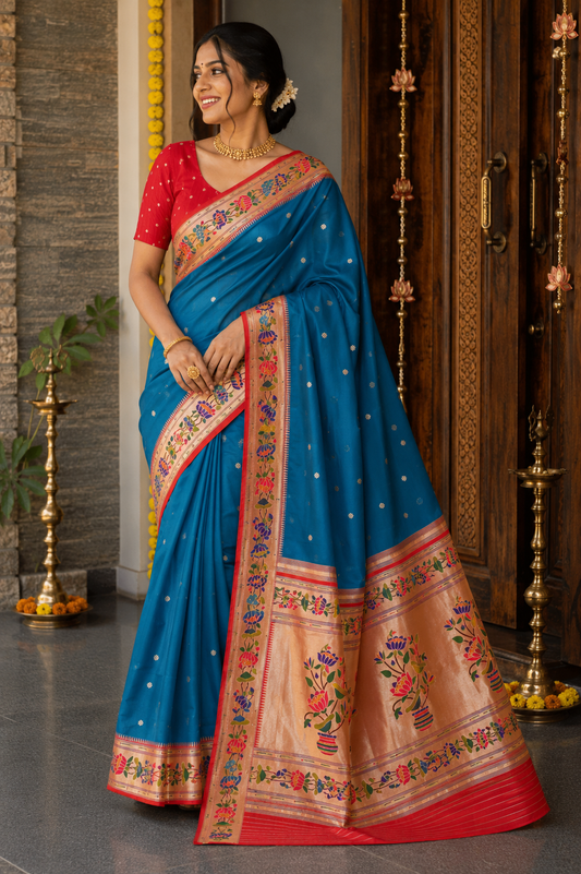 Peacock Teal Lotus Border Paithani
