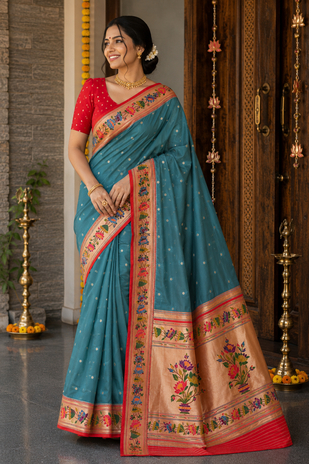 Sea Green Teal Lotus Border Paithani