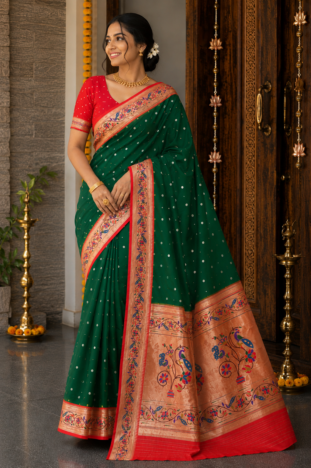 Emerald Green Morvel Border Paithani