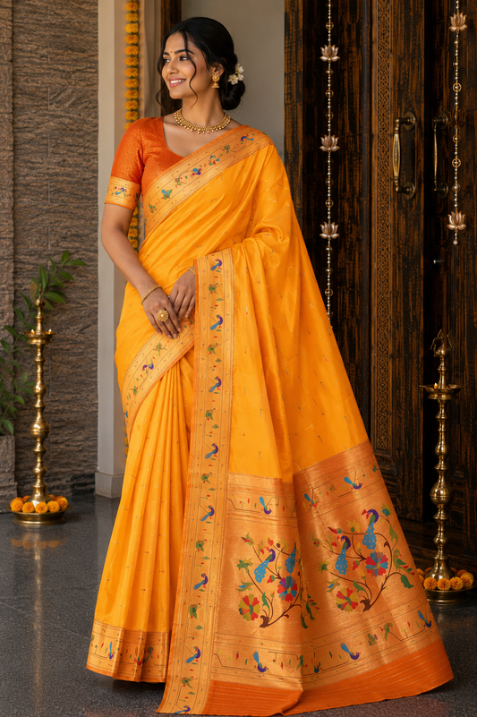 Kesari Orange Tota Maina Border Paithani