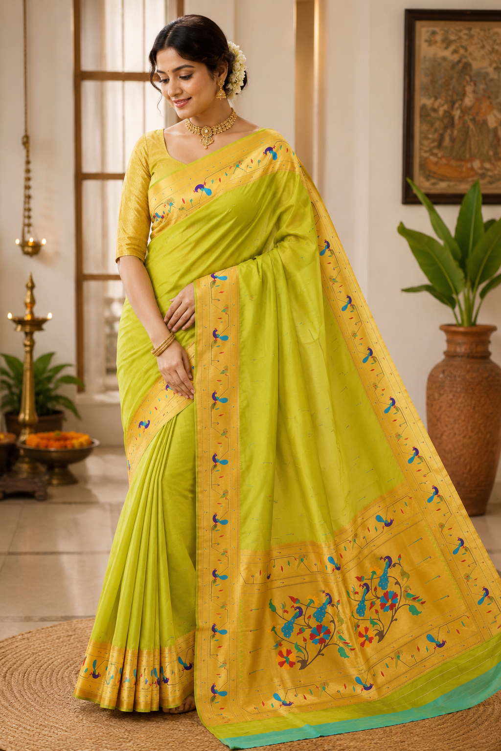 Parrot Green Tota Maina Border Paithani