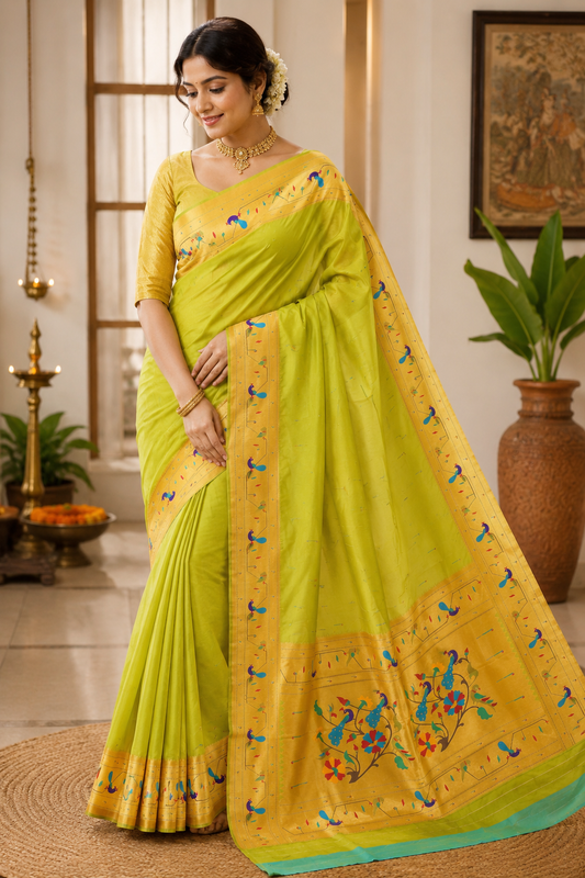 Parrot Green Tota Maina Border Paithani